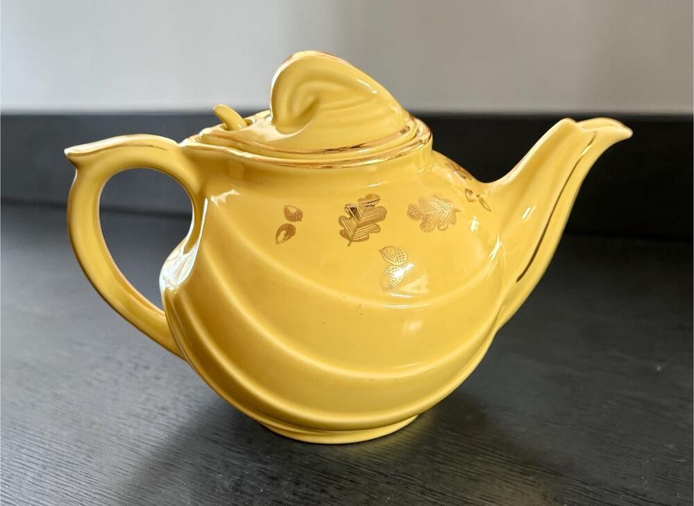 Vintage Hall China Teapot Yellow Parade Gold Leaf Acorn Hook Lid